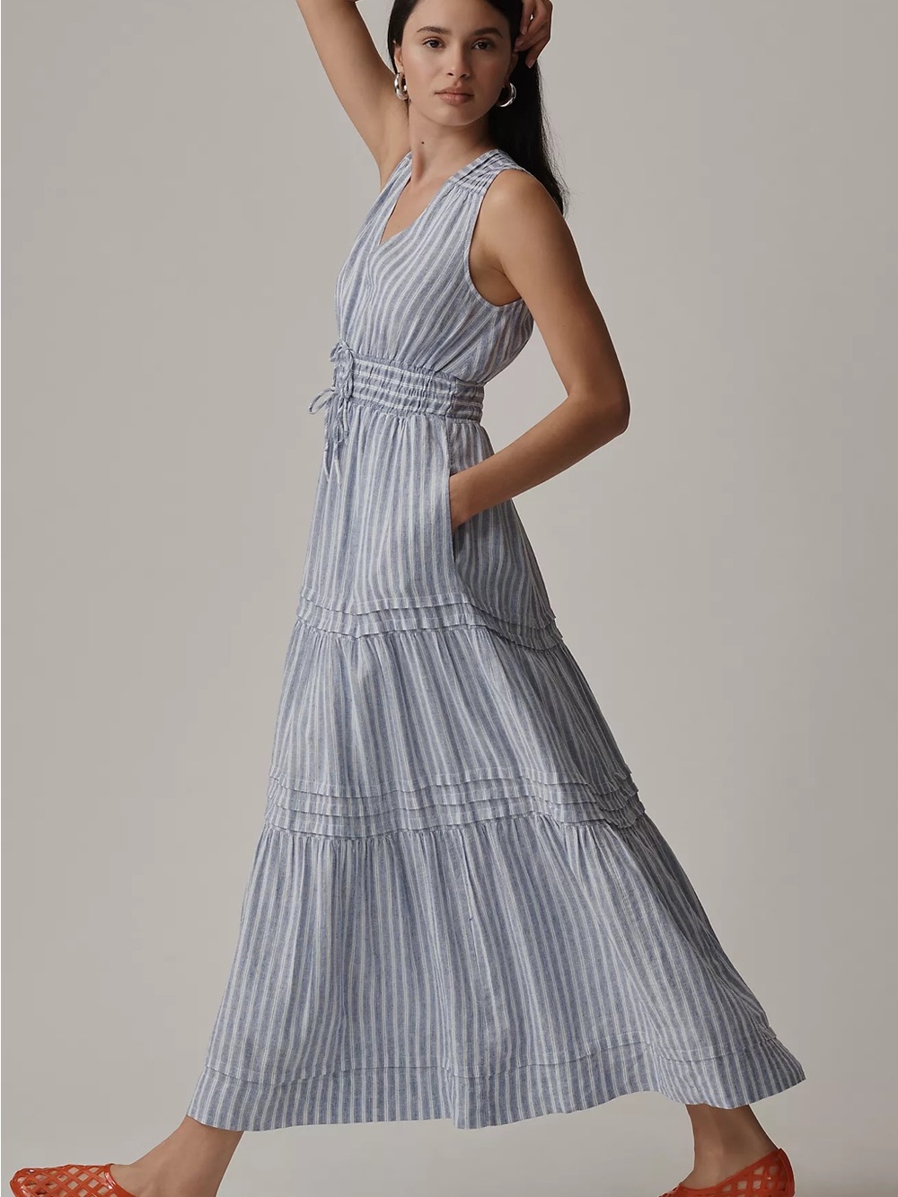 Somerset Blue Striped sleeveless V-Neck Tiered Maxi Dress - Picture 4 of 6